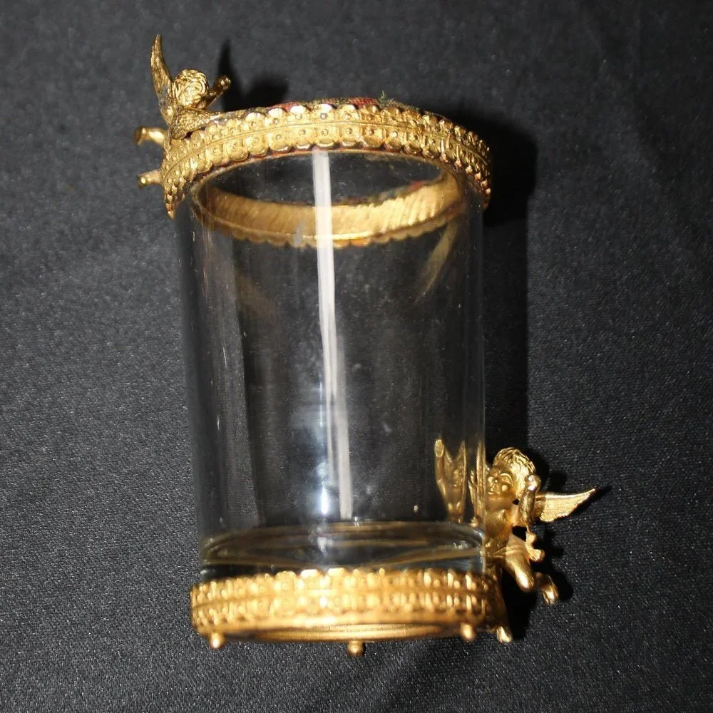 Vintage Golden Cherup Vanity Trinket Dish and Glass